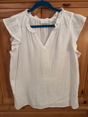 🐷 Belle Beach by Kim Gravel Cotton Gauze White Flounce Sleeve Top QVC A688061